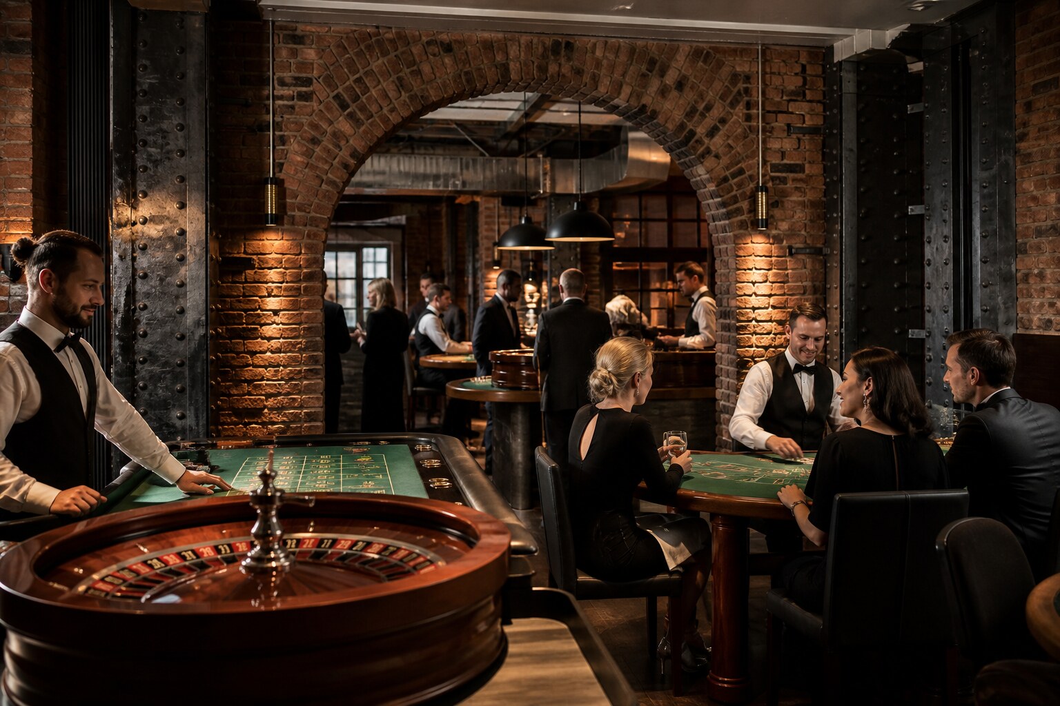 Roulette and card tables framed by a brick arch in the Casino
