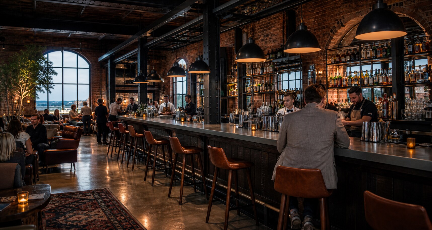 Shift Bar beneath the mill's brick arches and iron beams